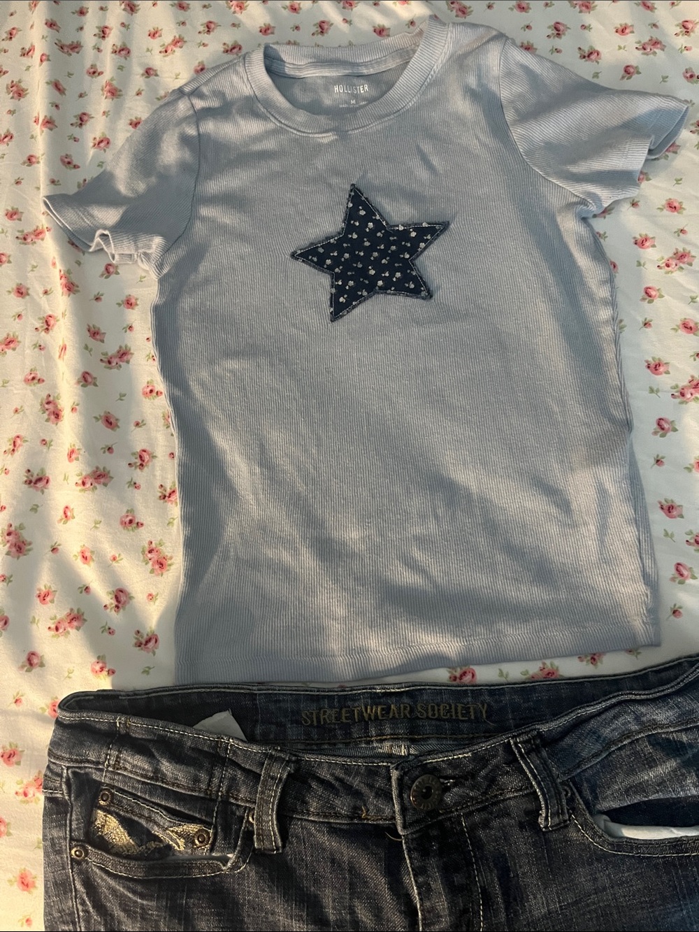 Hollister Light Blue Ribbed Tee with Navy Star Patch